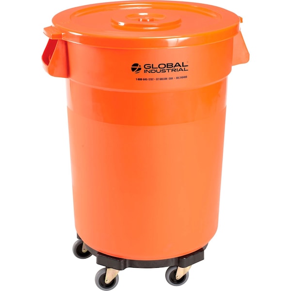 Global Industrial Plastic Trash Can with Lid & Dolly, 32 Gallon Bright Orange 240460BORB - main